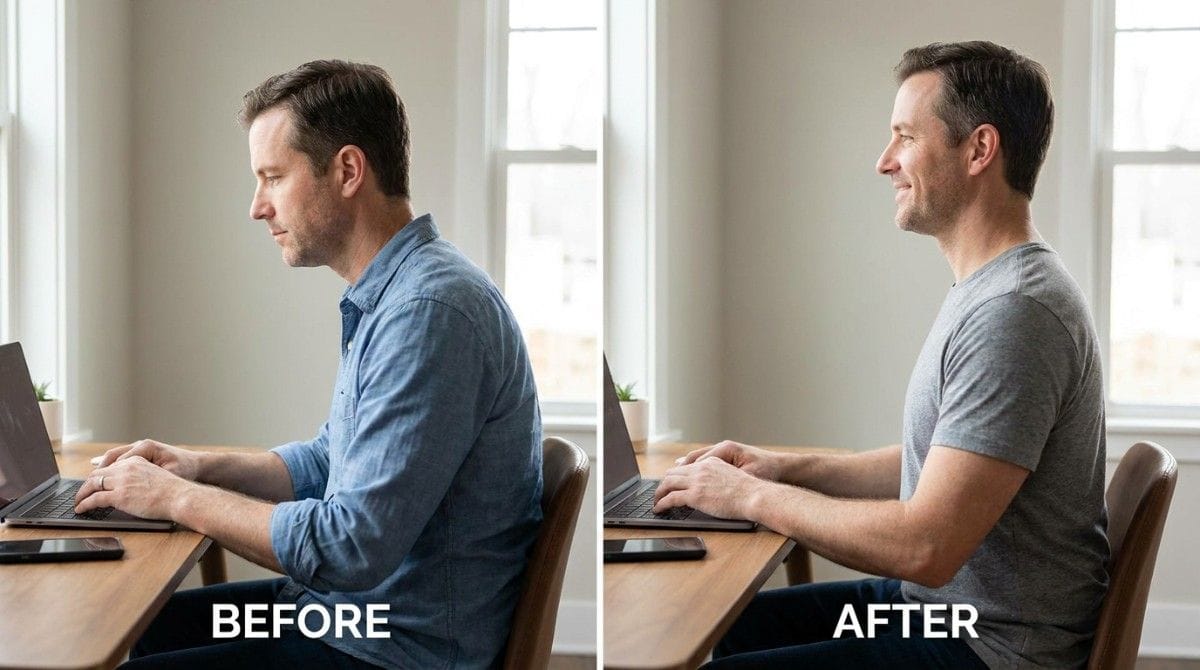 Before-and-after comparison of a man sitting at a desk with poor posture versus improved upright posture.