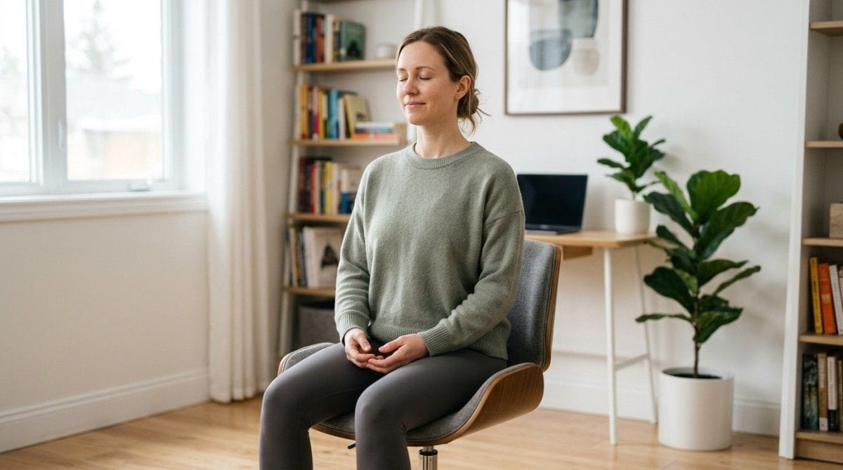 Person sitting upright with eyes closed in a calm home office during a mindfulness practice.