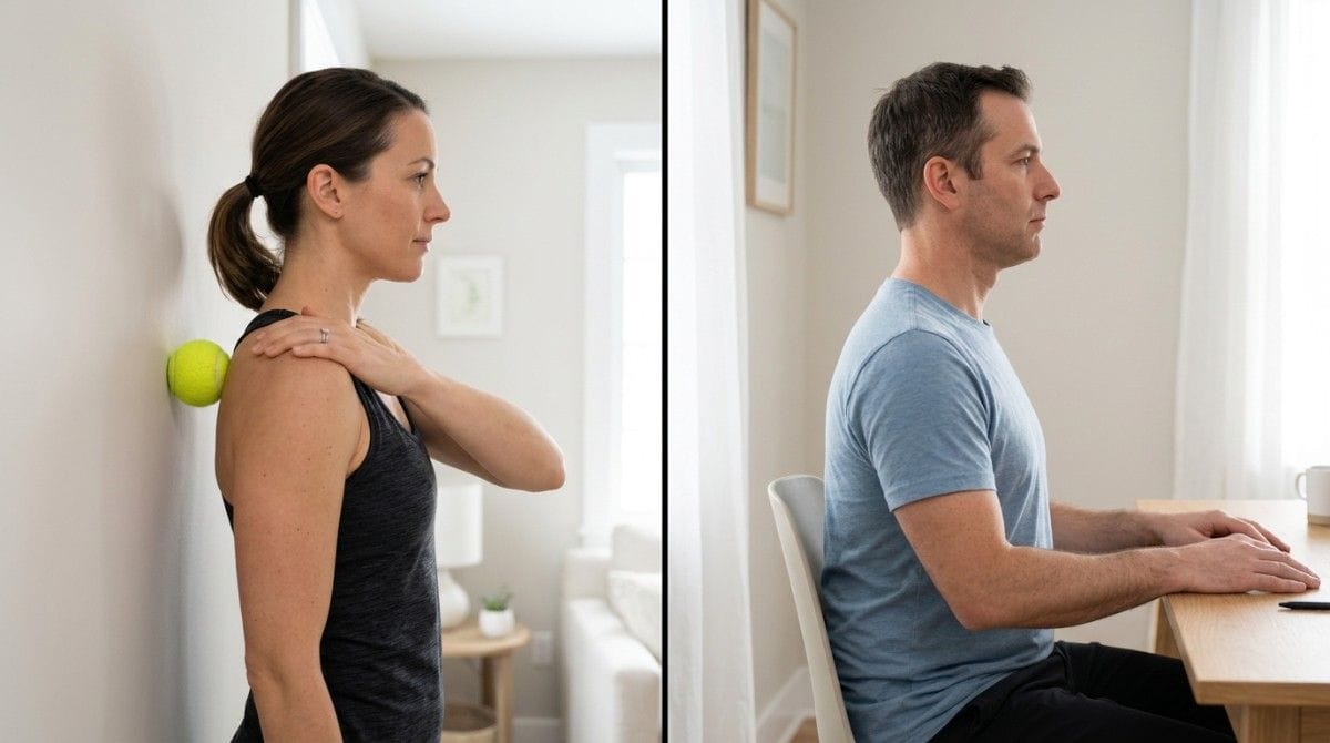 Person using a tennis ball against a wall and another sitting upright at a desk with proper posture.