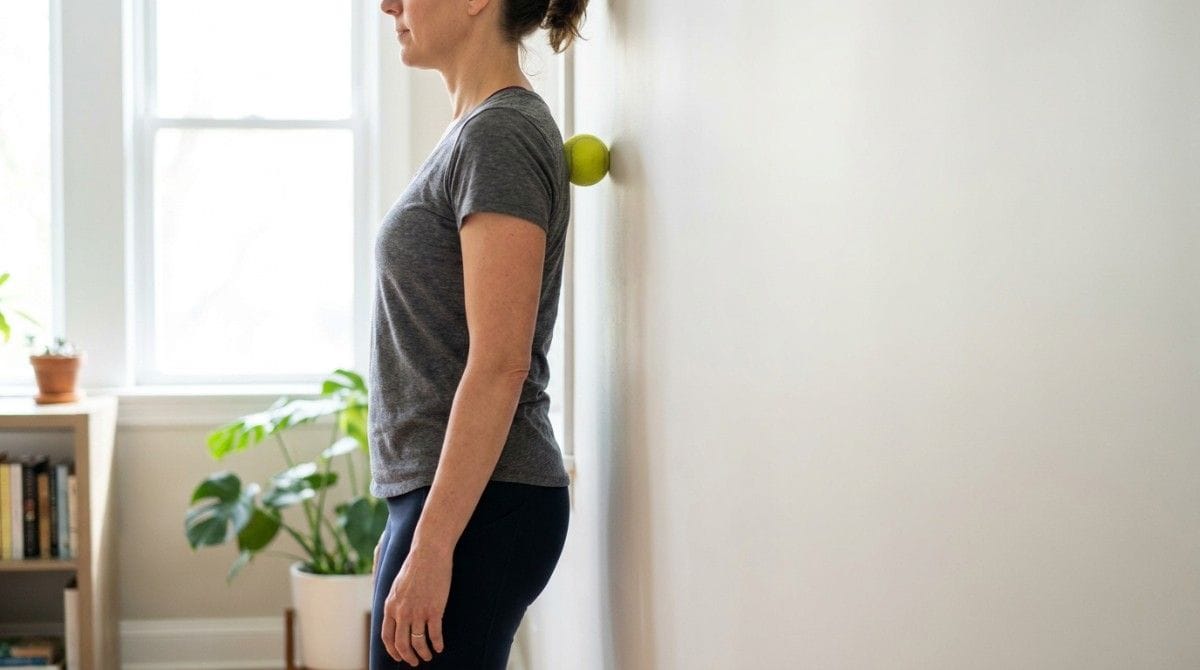 Person standing against a wall with a tennis ball positioned between the upper back and wall.