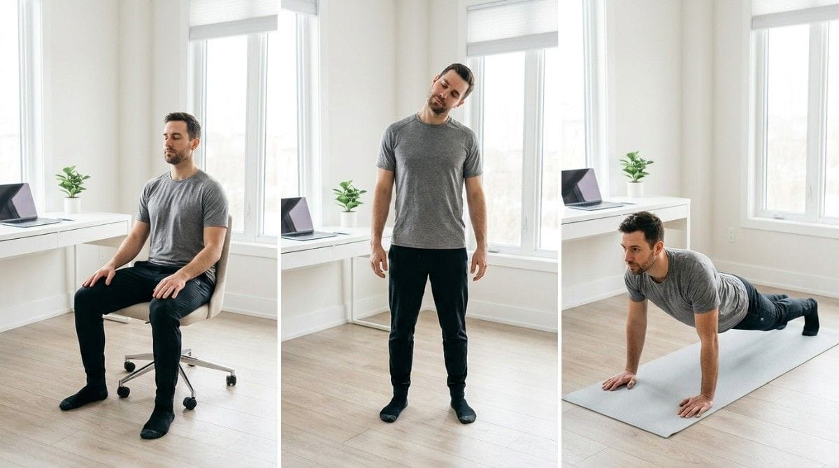Person doing a seated breathing exercise, standing neck stretch, and floor mobility movement.