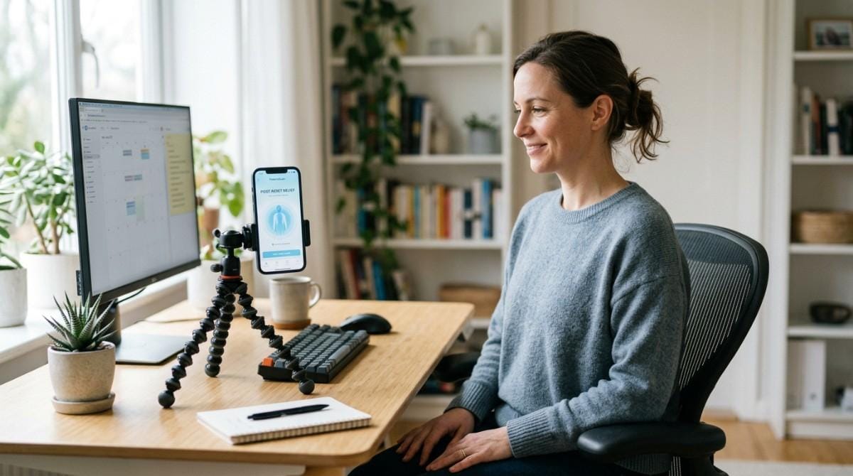Person sitting at a desk while a smartphone on a tripod performs an AI posture assessment.