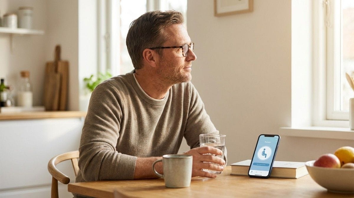 Man checking a posture tracking app on his phone while sitting at a kitchen table.