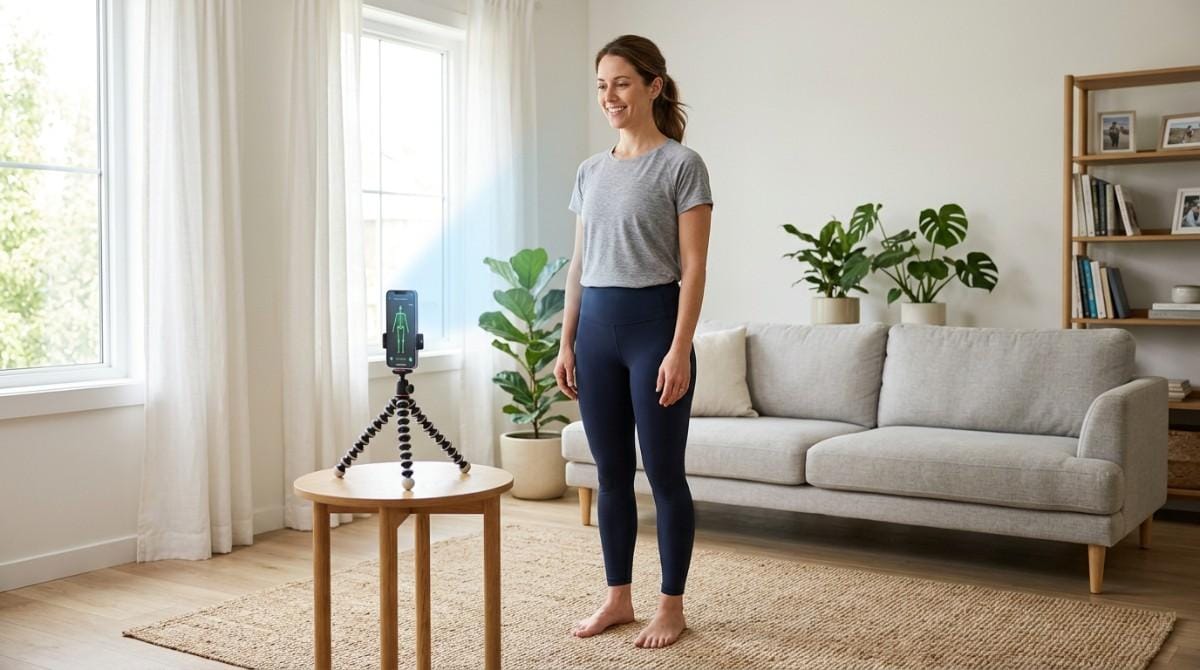 Woman standing for a posture assessment in a living room with a smartphone on a tripod.