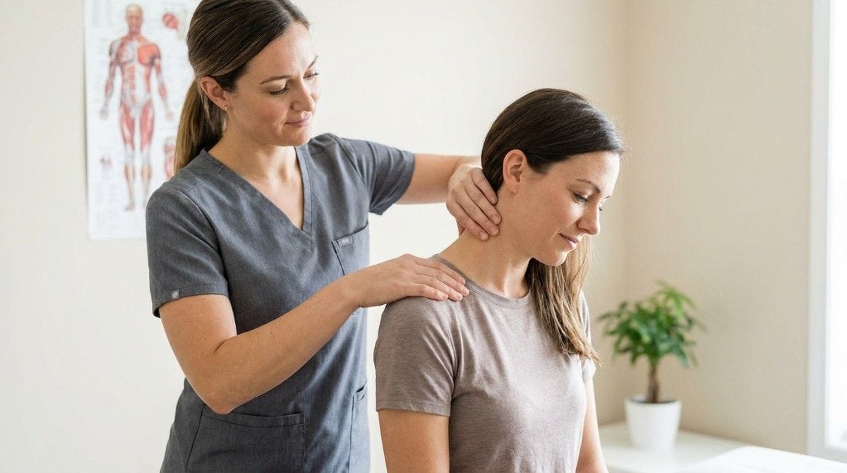 Therapist assessing a woman’s neck and shoulder posture during a posture correction session.