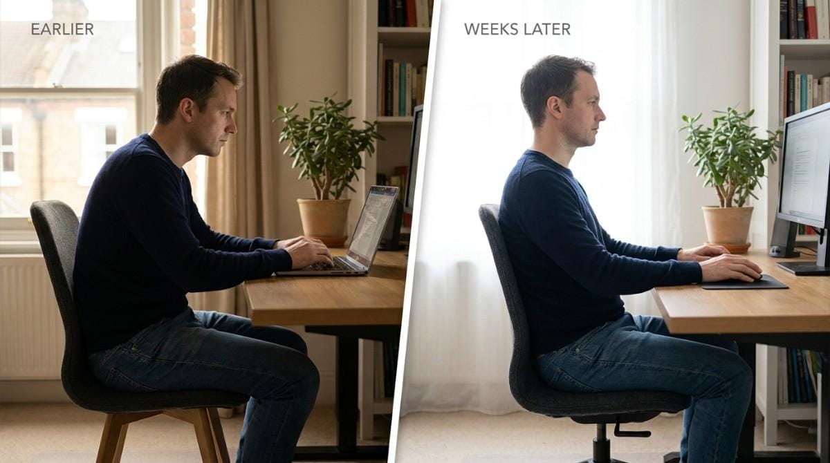 Side-by-side comparison showing improved sitting posture at a desk after several weeks.
