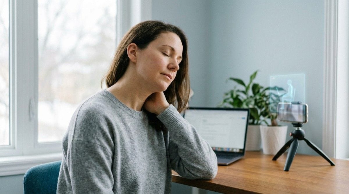 Woman gently massaging her neck while sitting at a desk at home.