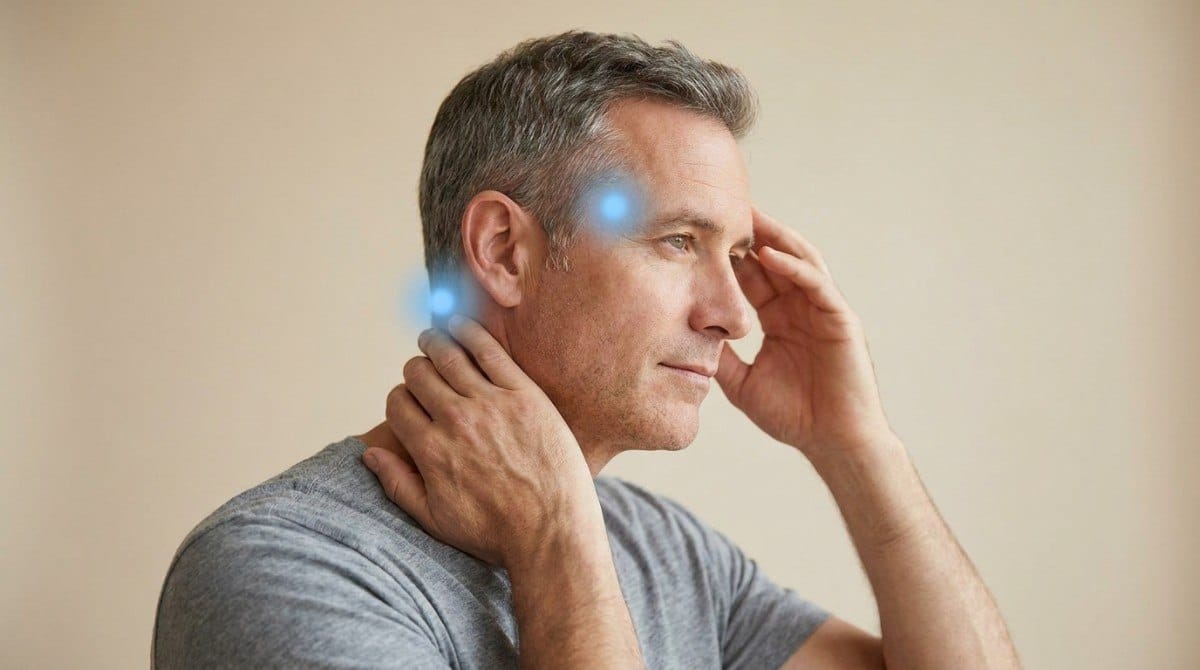 Man touching his neck and temple while experiencing muscle tension.