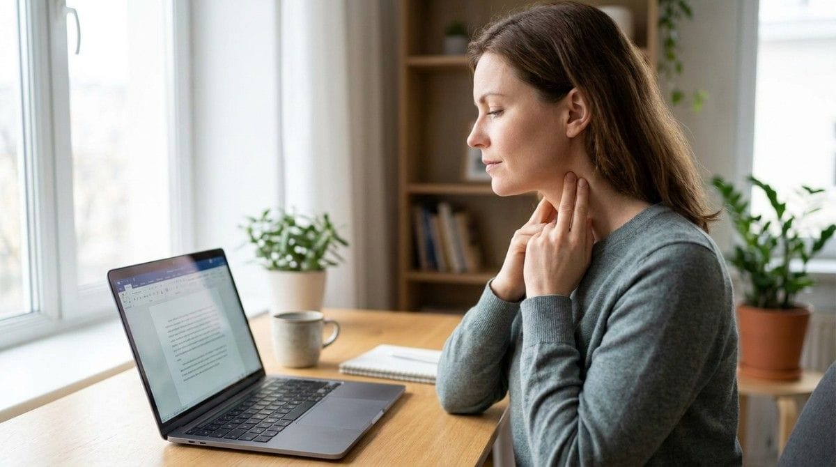 Woman gently stretching her neck while working at a laptop.