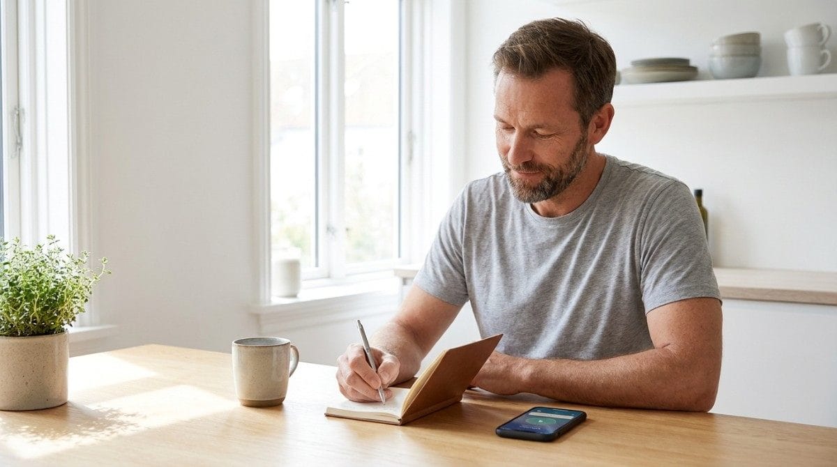 Man journaling at a table with a coffee cup and smartphone nearby.