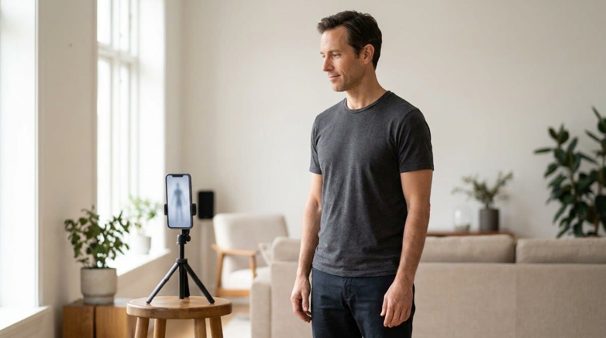 Man standing beside a smartphone on a tripod while checking his posture.