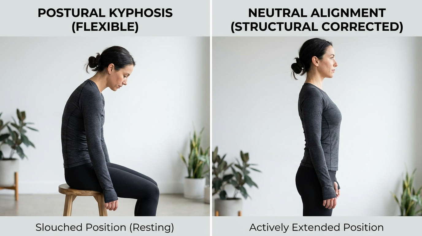 Side-by-side comparison showing a slouched sitting posture and an actively extended upright posture.