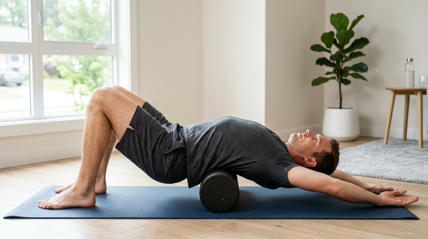 Man lying on a yoga mat with a foam roller positioned under his upper back for mobility work.