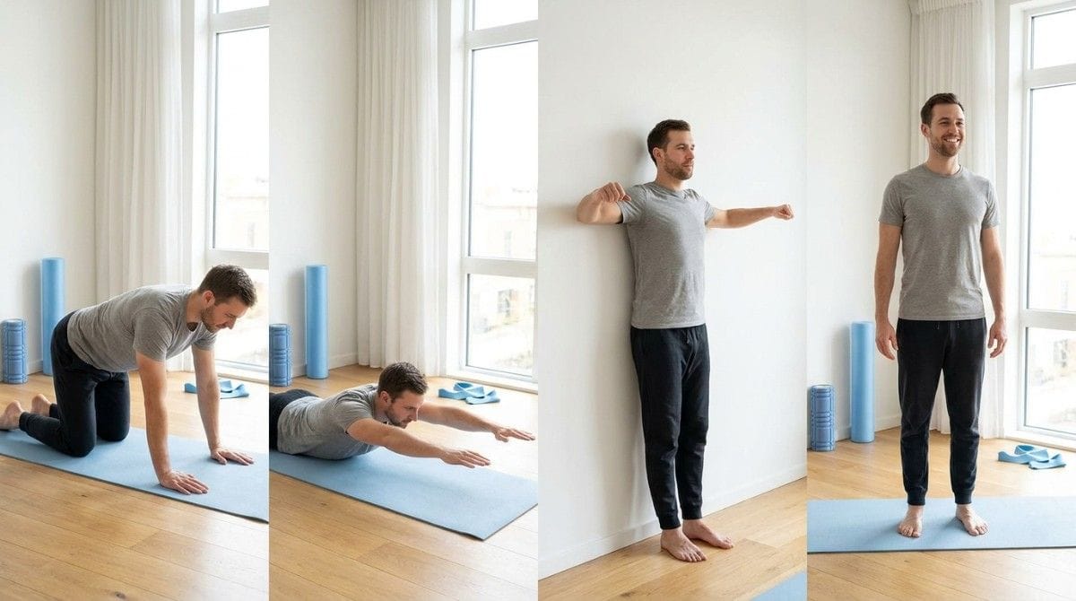 Man performing floor and standing exercises to improve posture and mobility.