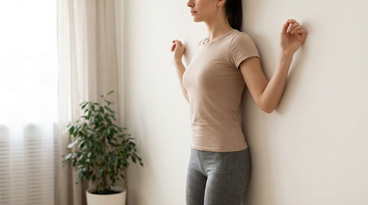Woman performing a wall exercise for improved posture.