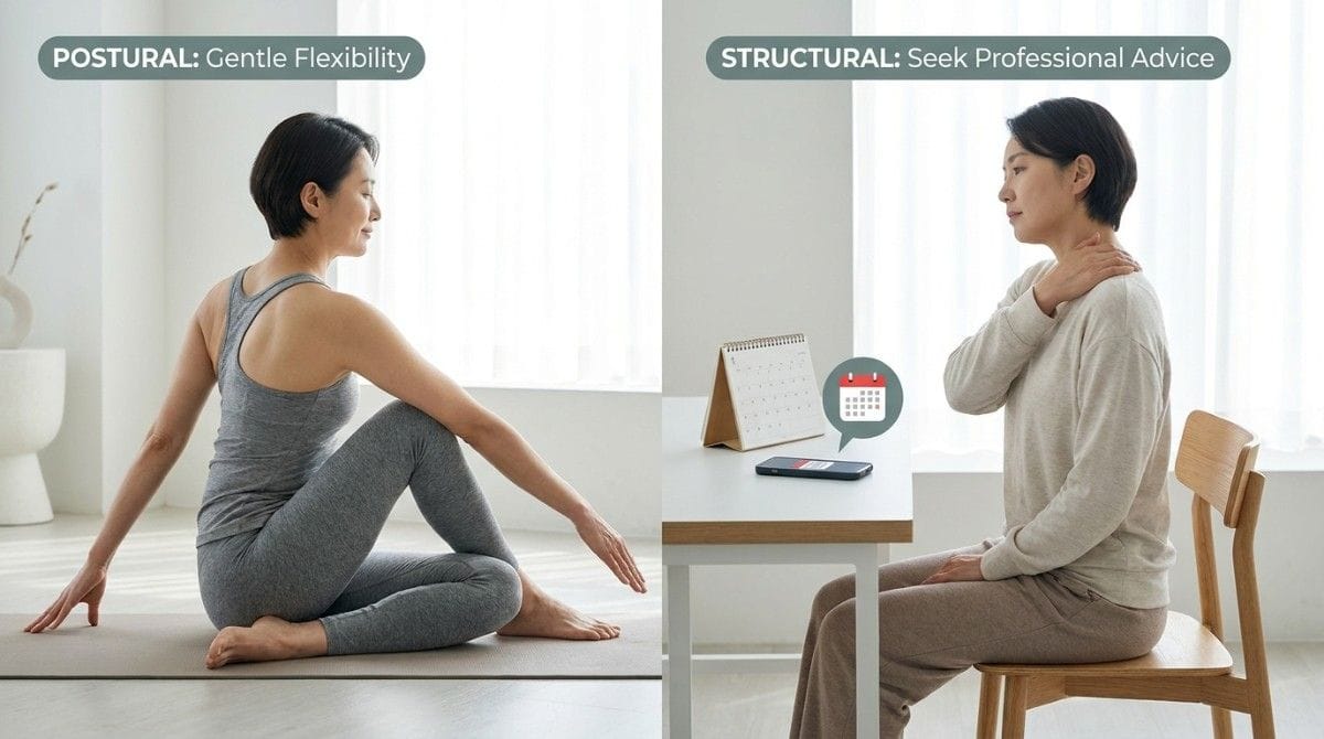 Split image showing a woman doing a gentle flexibility exercise and a person seeking professional advice for posture concerns.