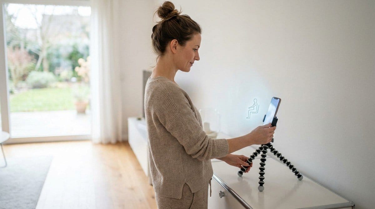 Woman holding a smartphone on a flexible tripod while checking her seated posture.