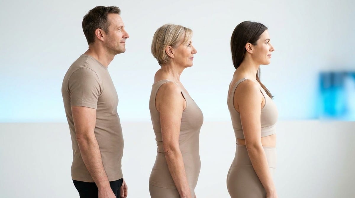 Three adults of different ages standing in side profile to illustrate differences in posture and spinal alignment.