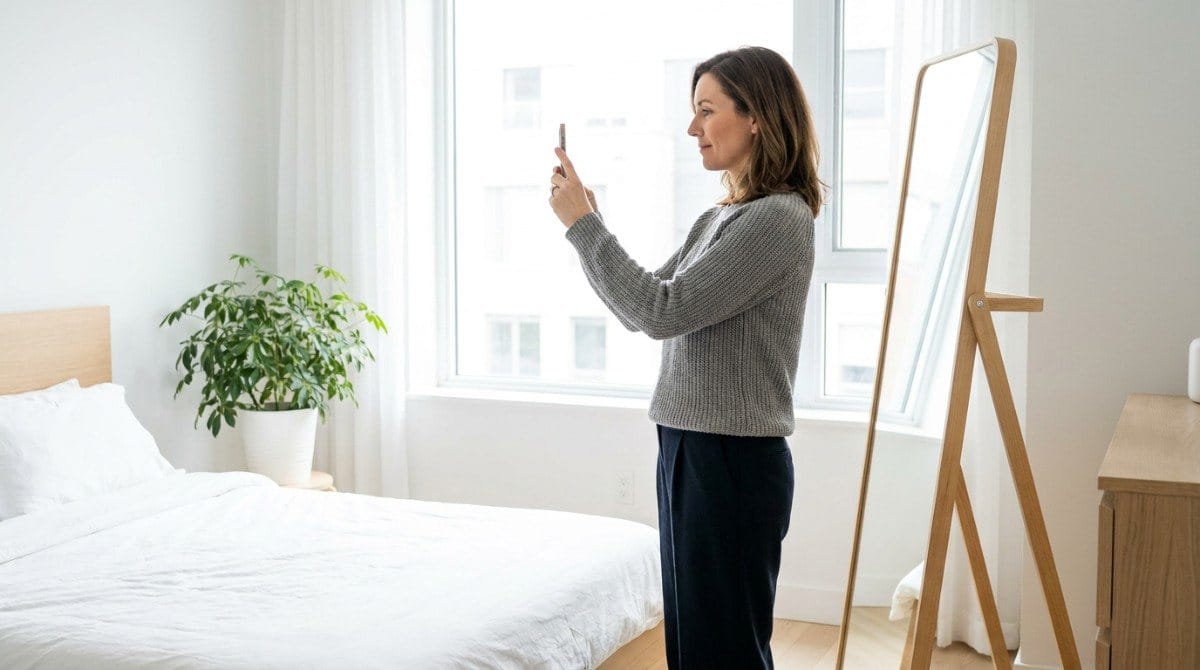 Woman standing sideways in front of a mirror while using a smartphone to assess her posture.