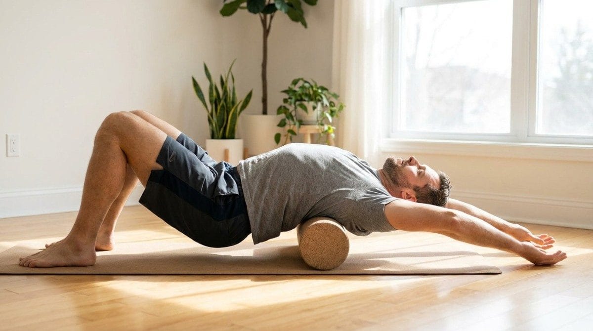 Man lying on a yoga mat with a foam roller supporting his upper back during a mobility exercise.
