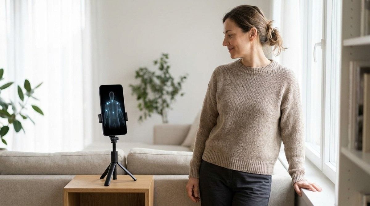 Woman standing beside a smartphone on a tripod displaying a digital posture assessment graphic.
