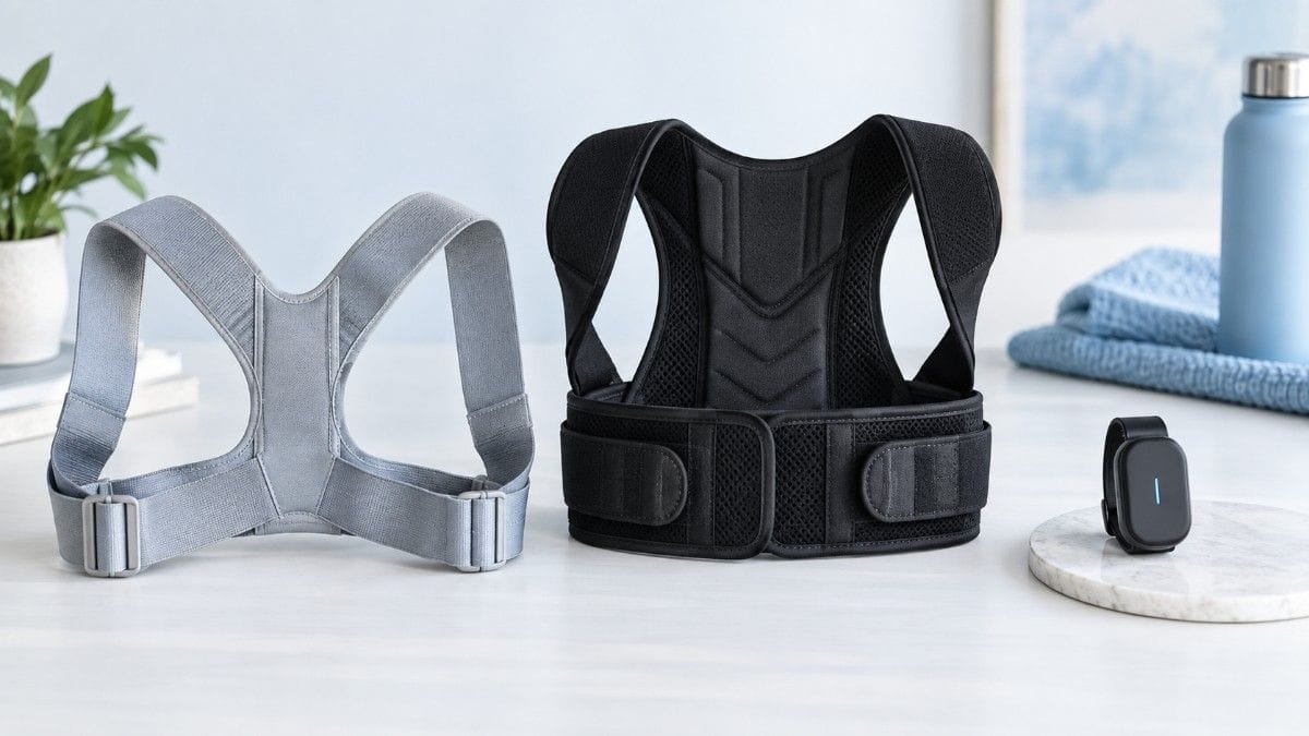 Gray and black posture braces displayed beside a small wearable tracking device on a table.