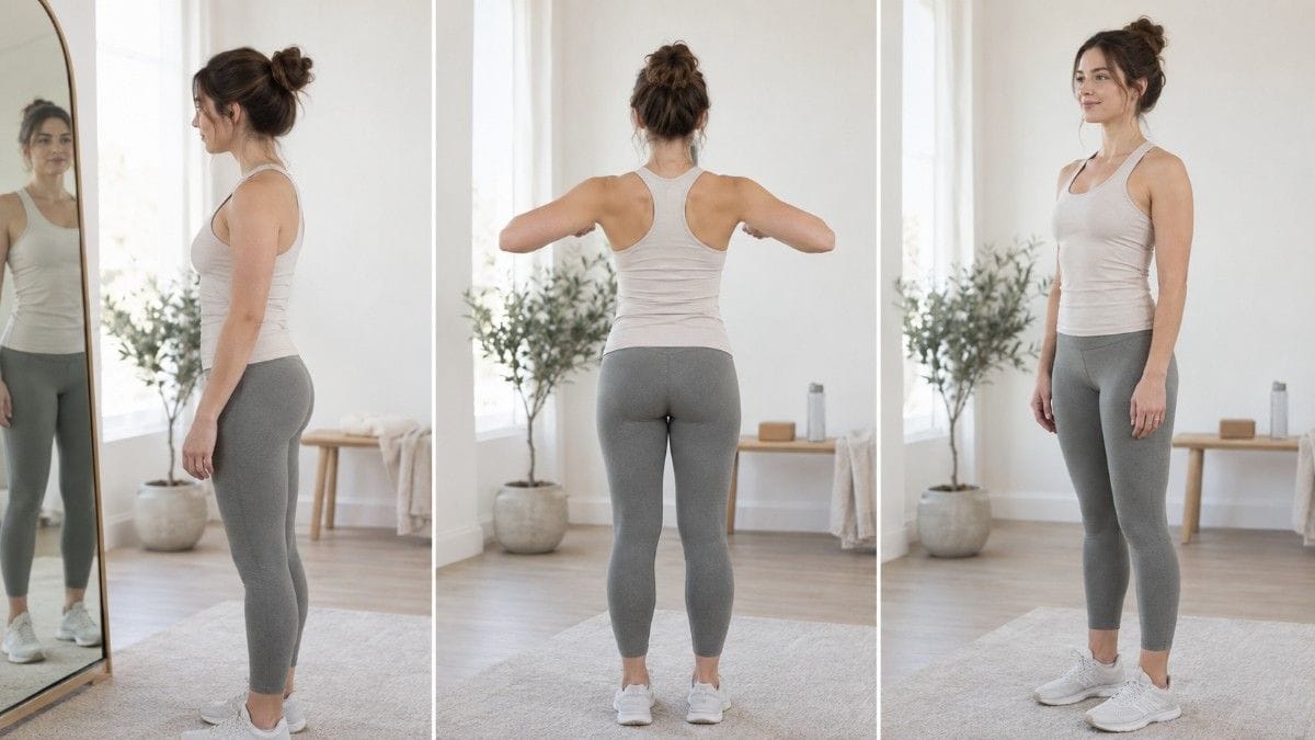 Woman demonstrating her standing posture from front, back, and side views.