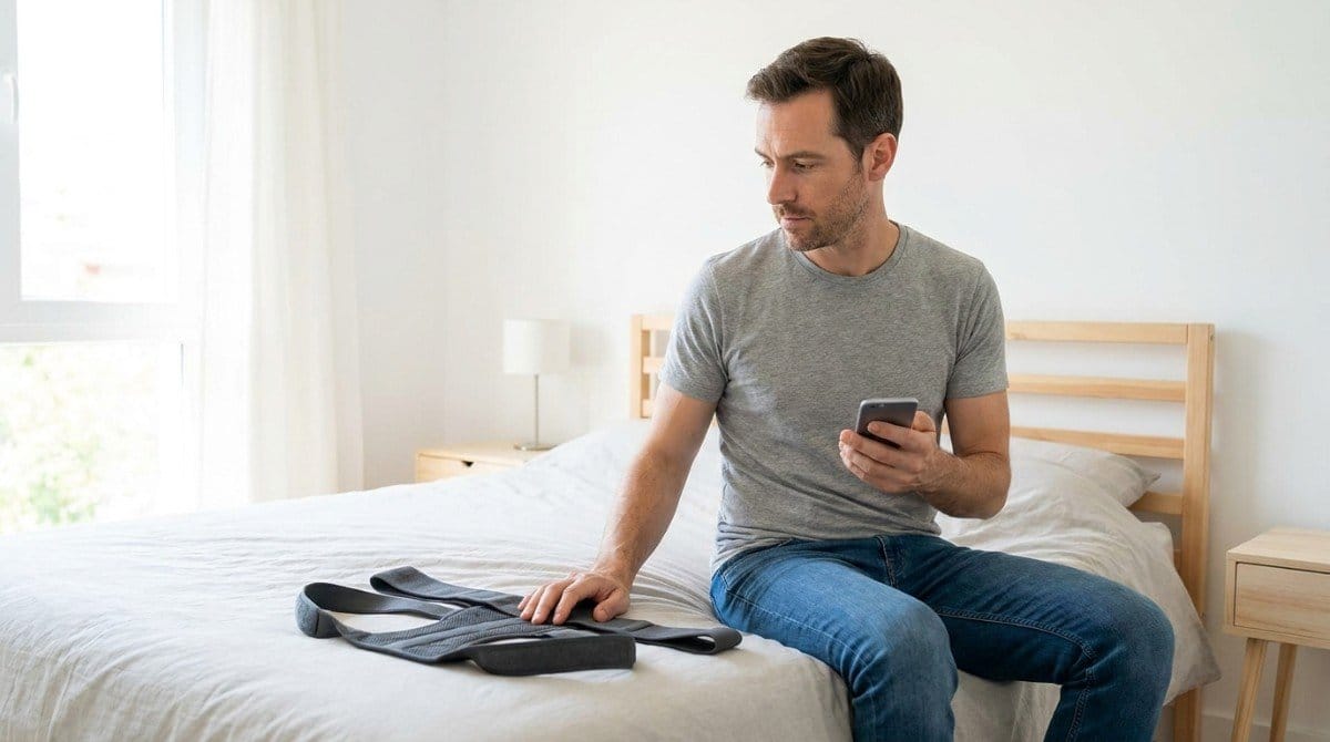 Man sitting on a bed beside a posture brace while looking at his phone.