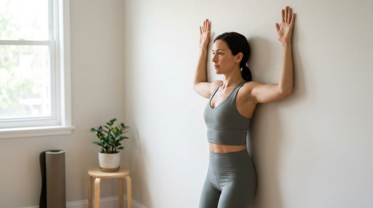Woman performing a wall posture exercise with her arms raised against a wall.