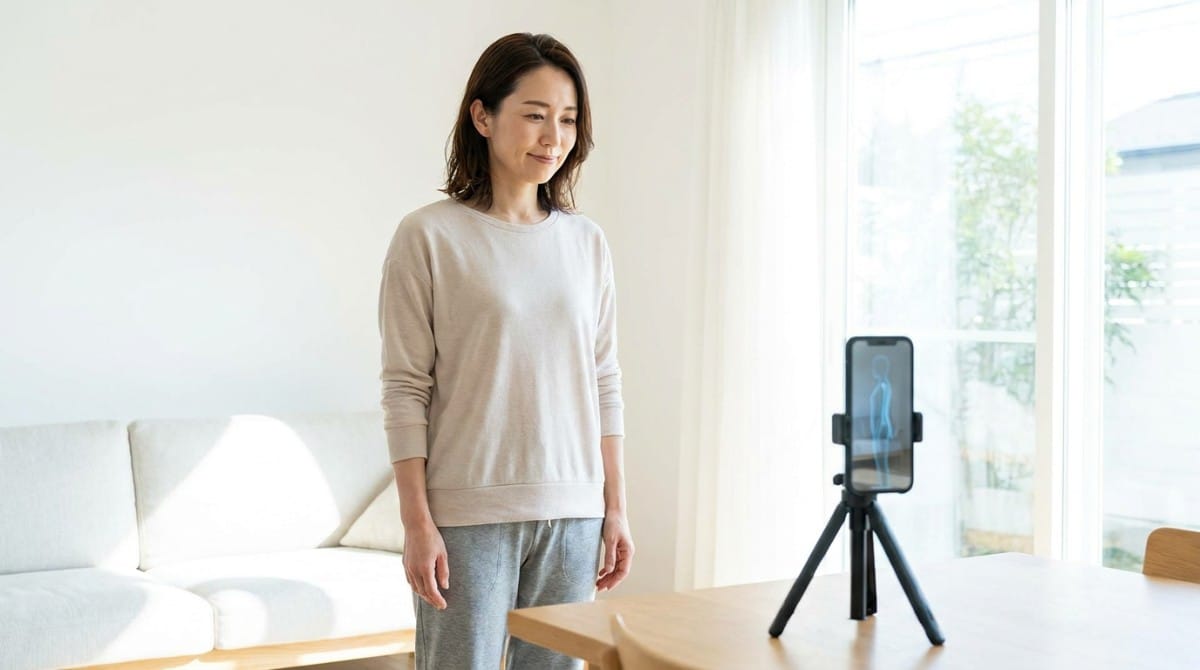 Woman standing upright in a living room while a smartphone on a tripod records her posture.
