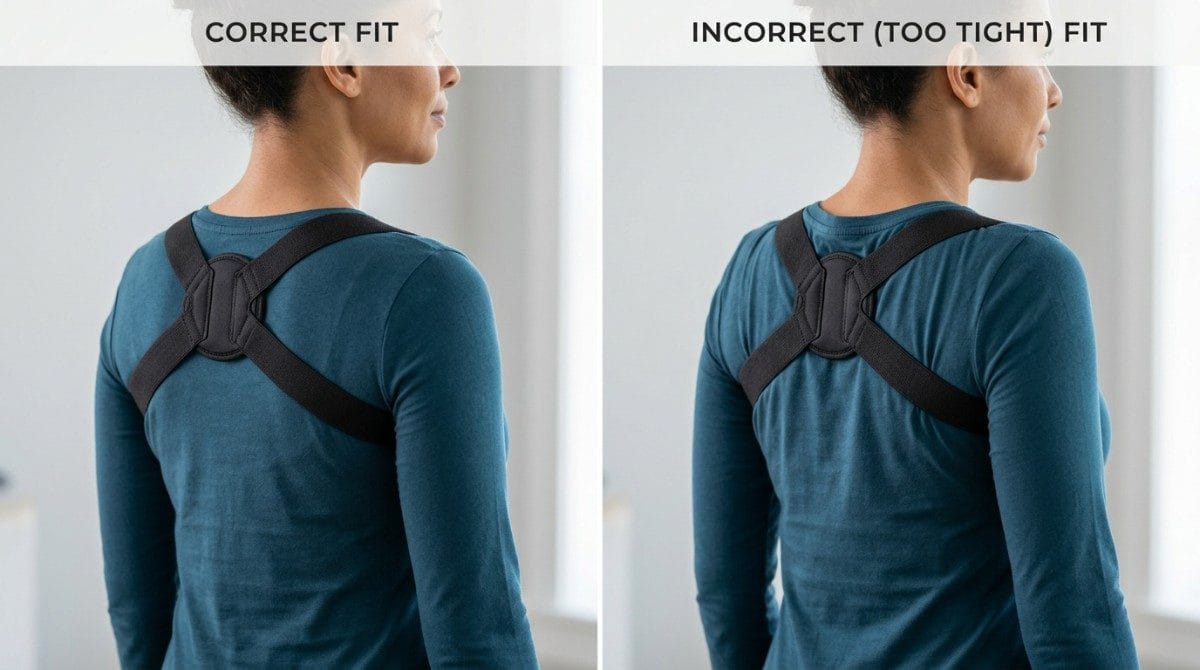 Side-by-side comparison showing a posture brace with a correct fit and an overly tight fit.