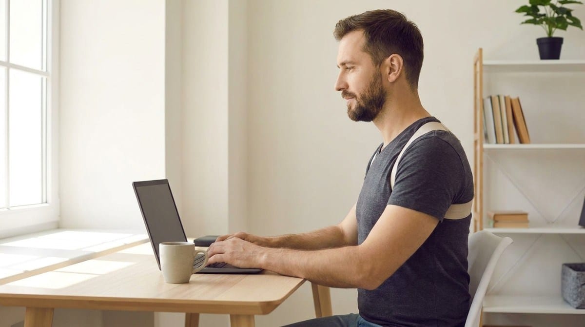 Man wearing a posture brace while sitting upright and working on a laptop.