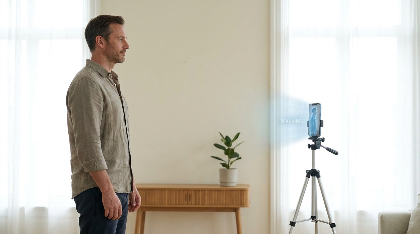 Man standing upright while a smartphone on a tripod scans his posture.
