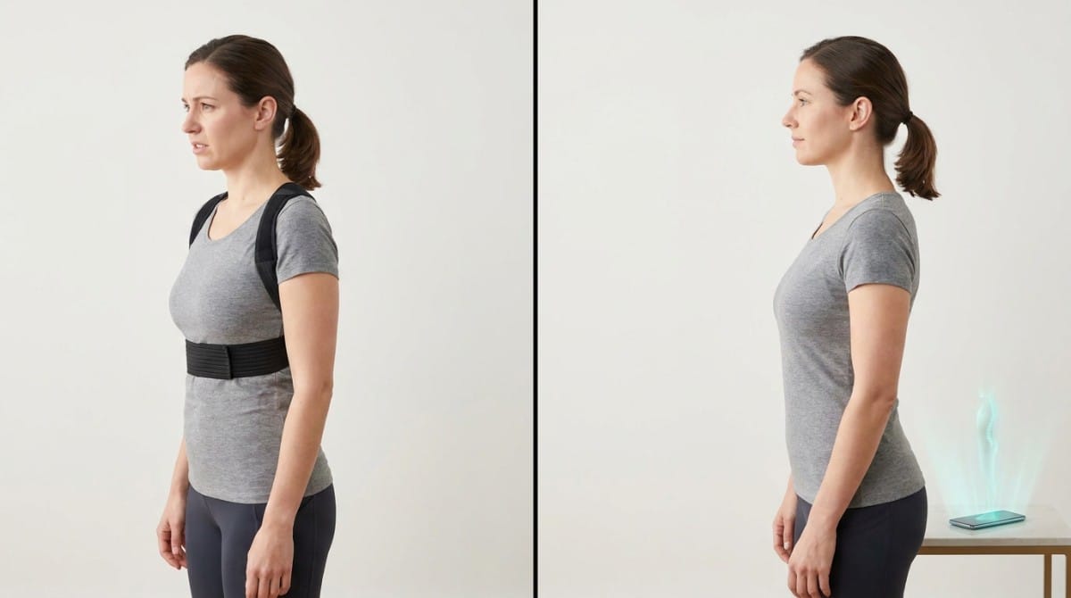 Side-by-side comparison of a woman standing with a posture brace and standing without one.