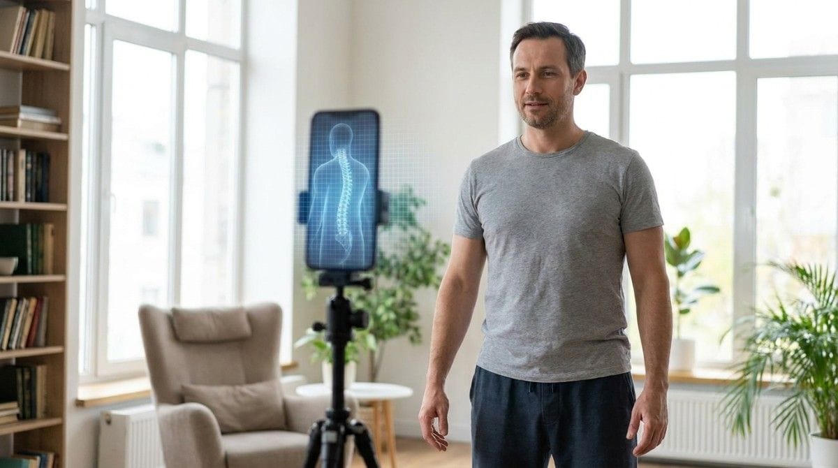 Man standing upright in front of a smartphone on a tripod displaying a digital spine and posture scan.