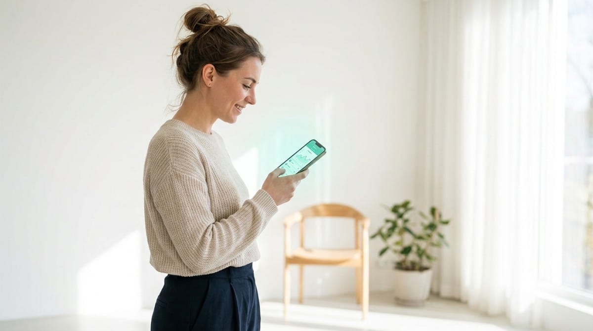 Woman looking at a smartphone displaying posture tracking information in a bright room.