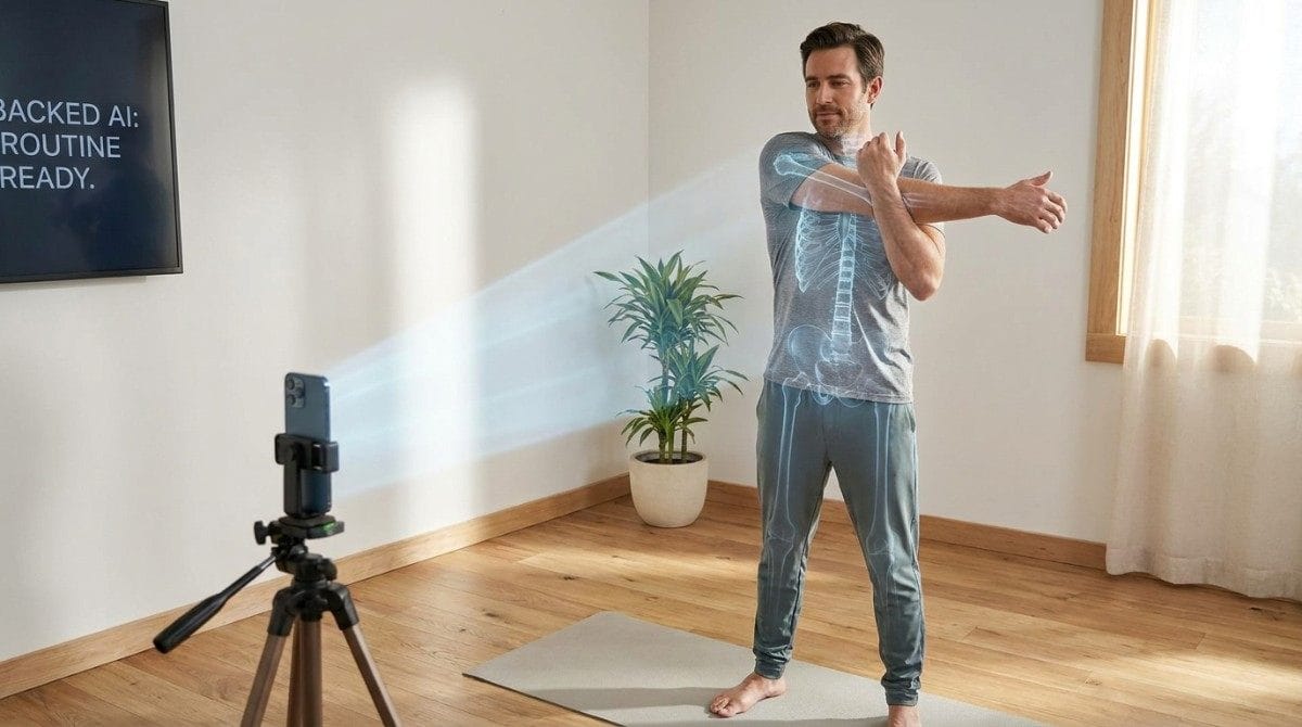 Man performing a shoulder stretch on a yoga mat while a smartphone records his movement with a digital body overlay.