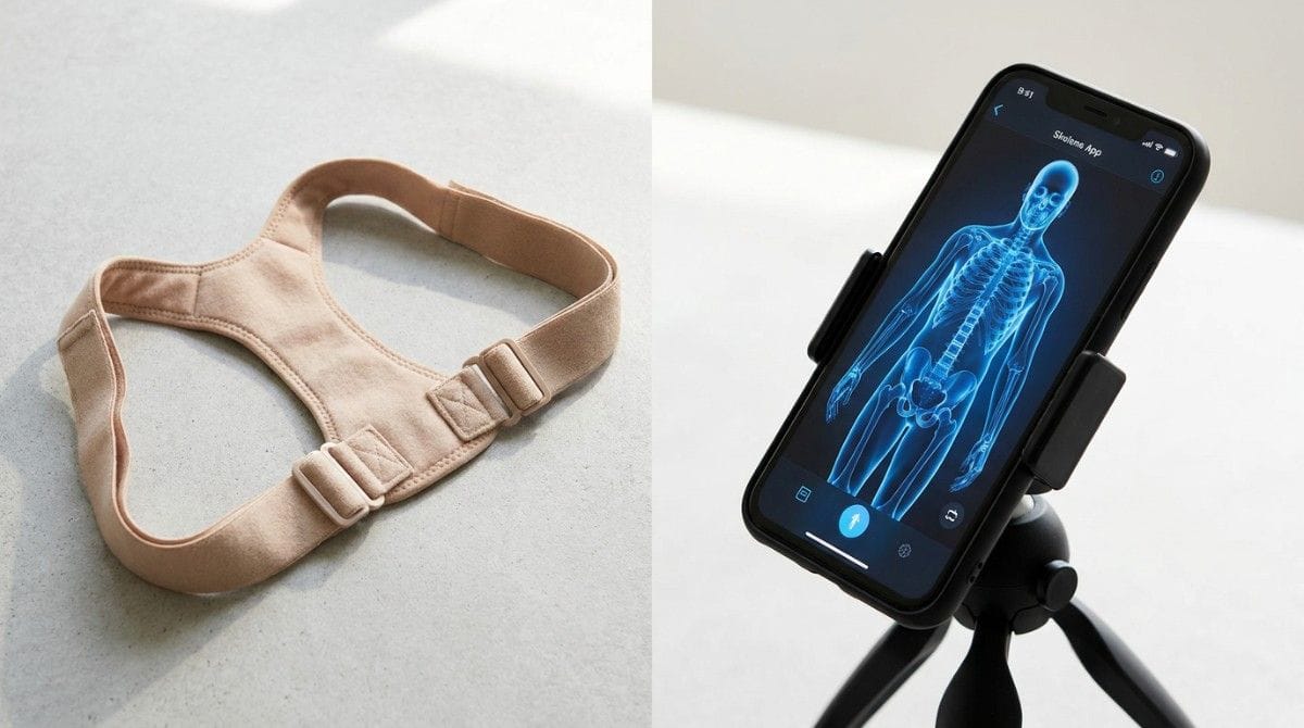 Beige posture brace displayed beside a smartphone on a tripod showing a digital skeletal posture analysis.