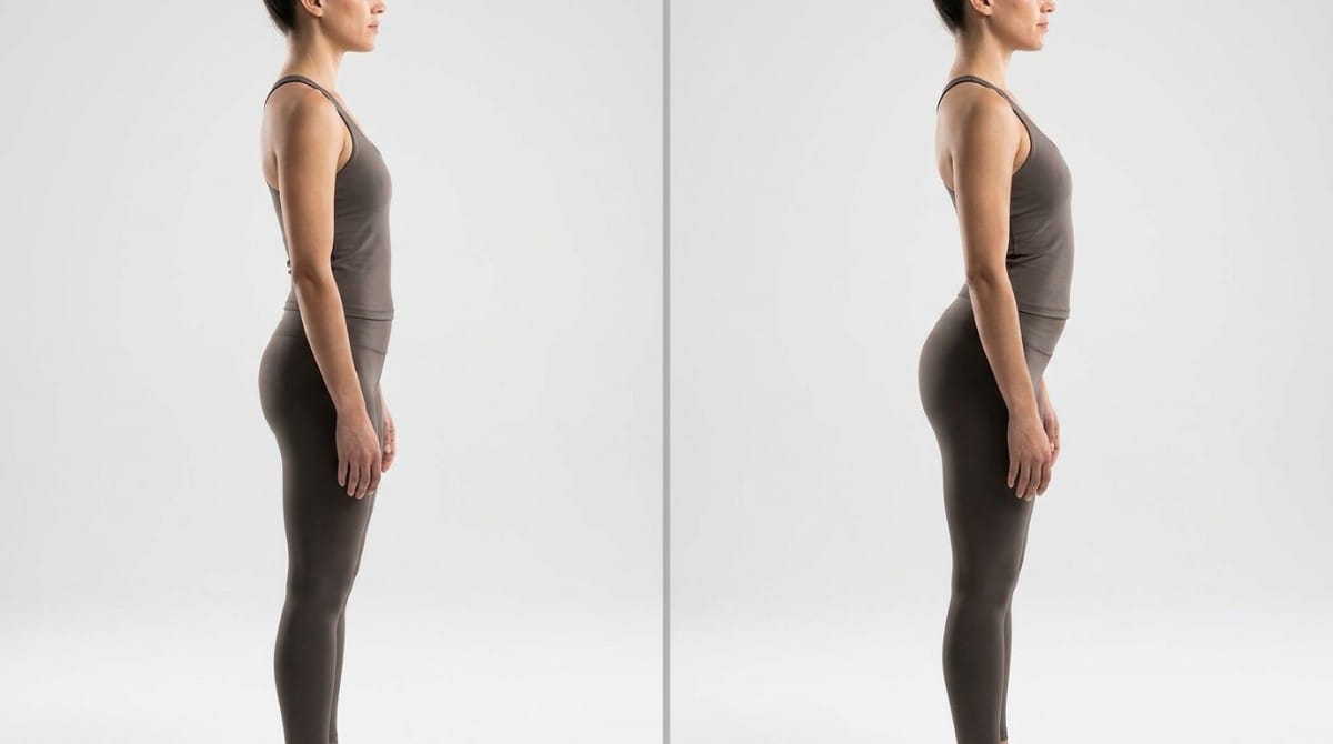 Woman shown in two side-profile positions comparing different pelvic and lower-back alignments.