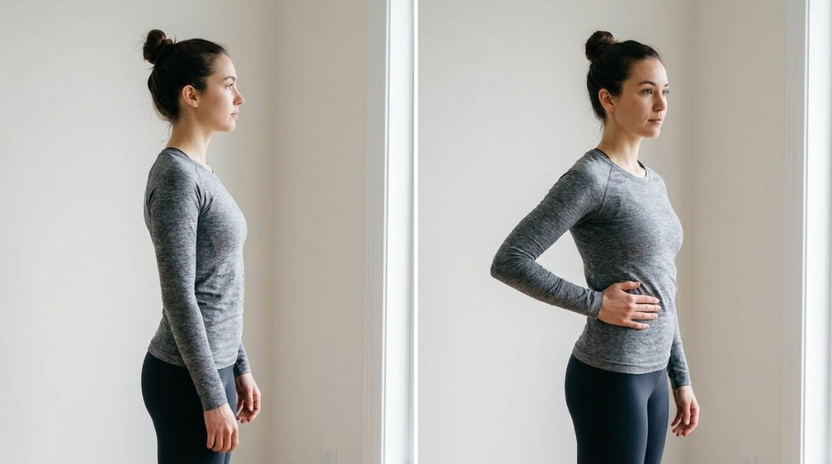 Woman shown in side profile in two standing positions, illustrating different pelvic and lower-body alignment.