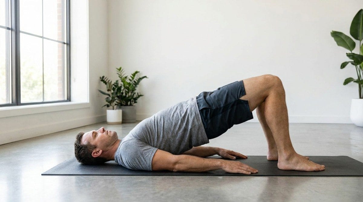 Man lying on a yoga mat with knees bent and hips raised in a glute bridge position.