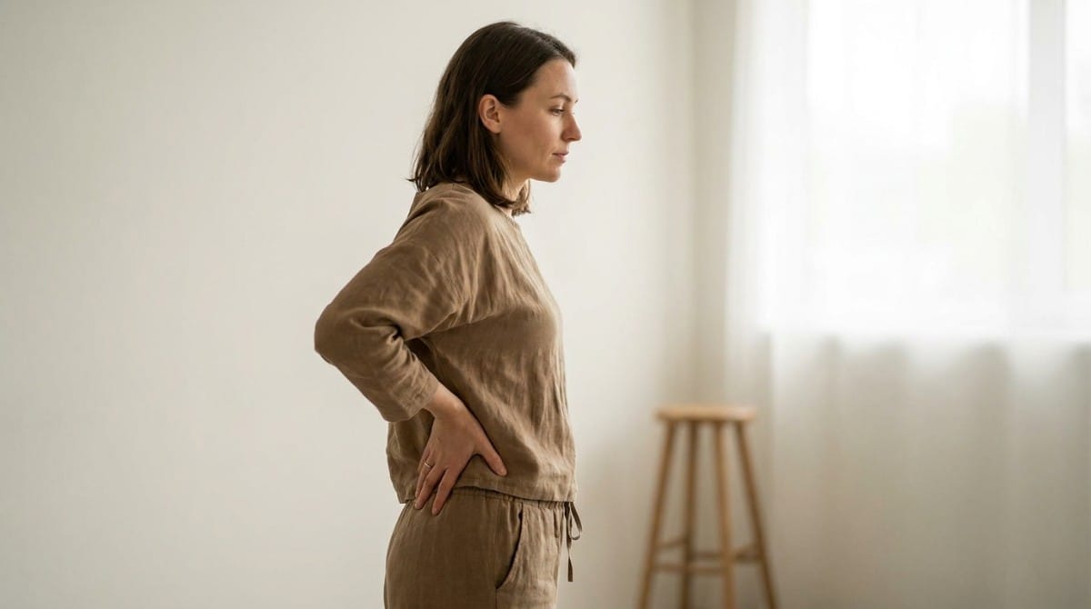 Woman standing in profile with both hands placed on her lower back.