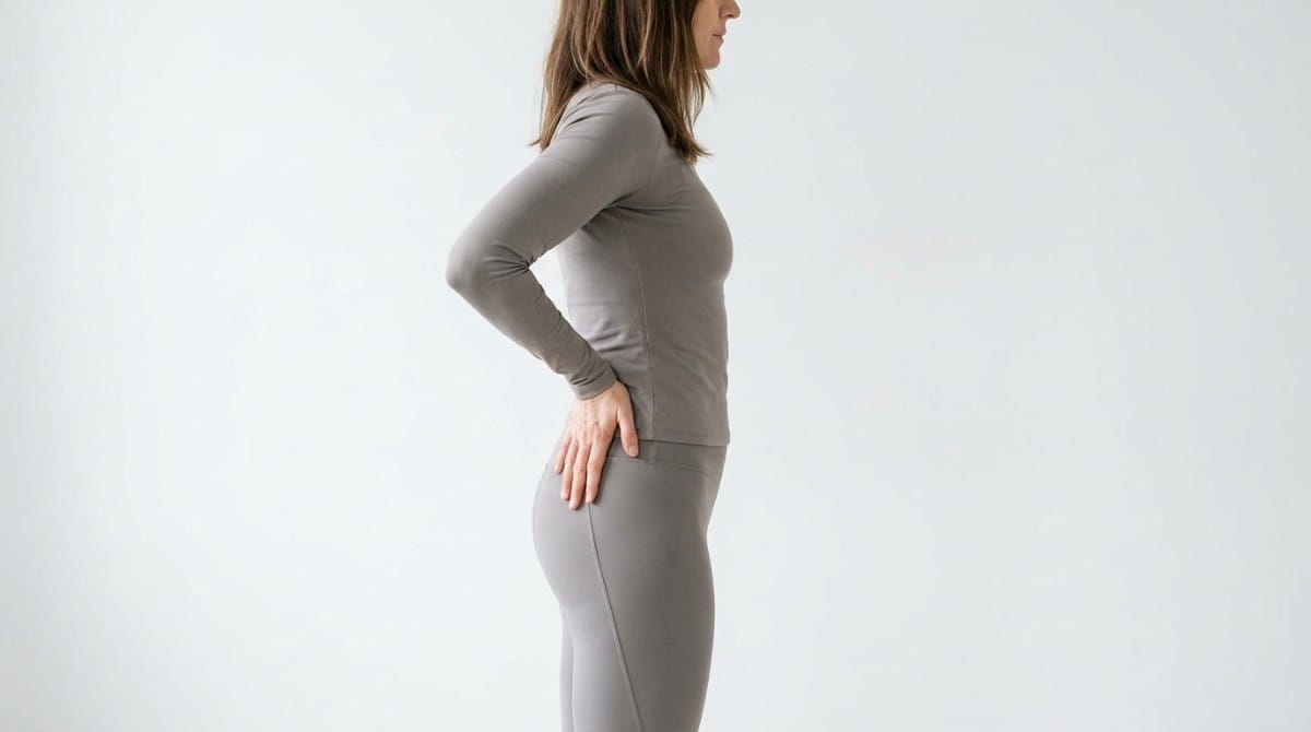 Woman standing in profile with one hand placed on her lower back and hip area.