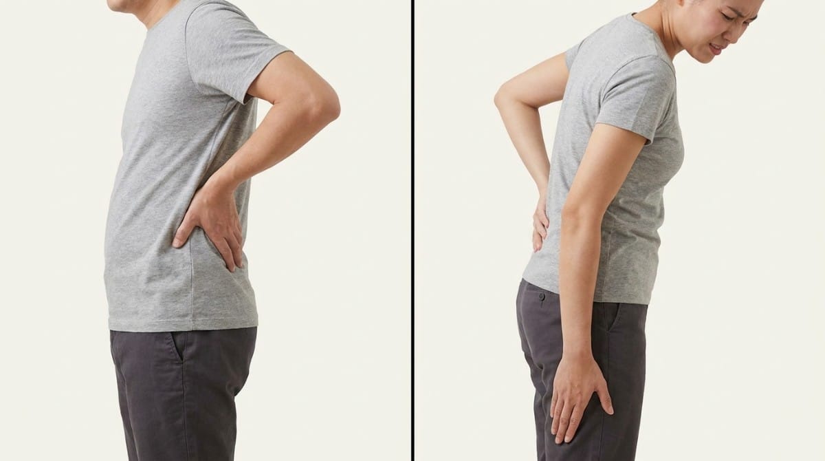 Person shown from two angles holding the lower back and upper leg to indicate discomfort.