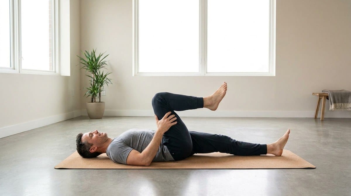Man lying on a yoga mat performing a knee-to-chest stretch with one leg extended.