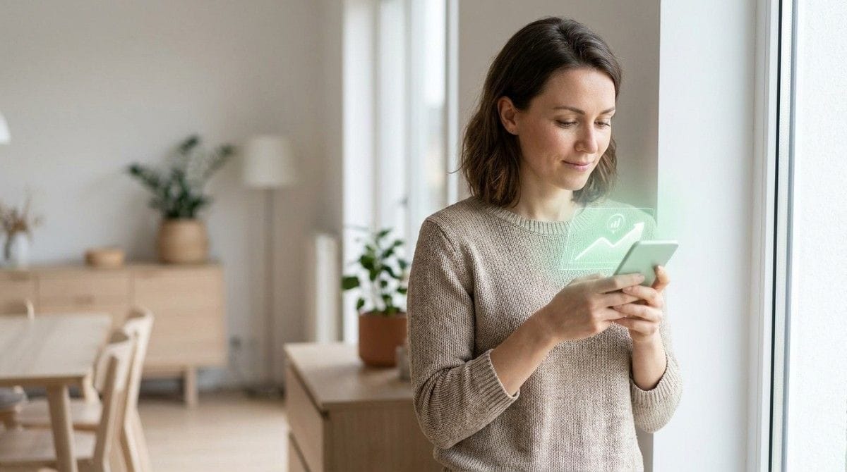 Woman using a smartphone with a health tracking graphic displayed in a bright home interior.