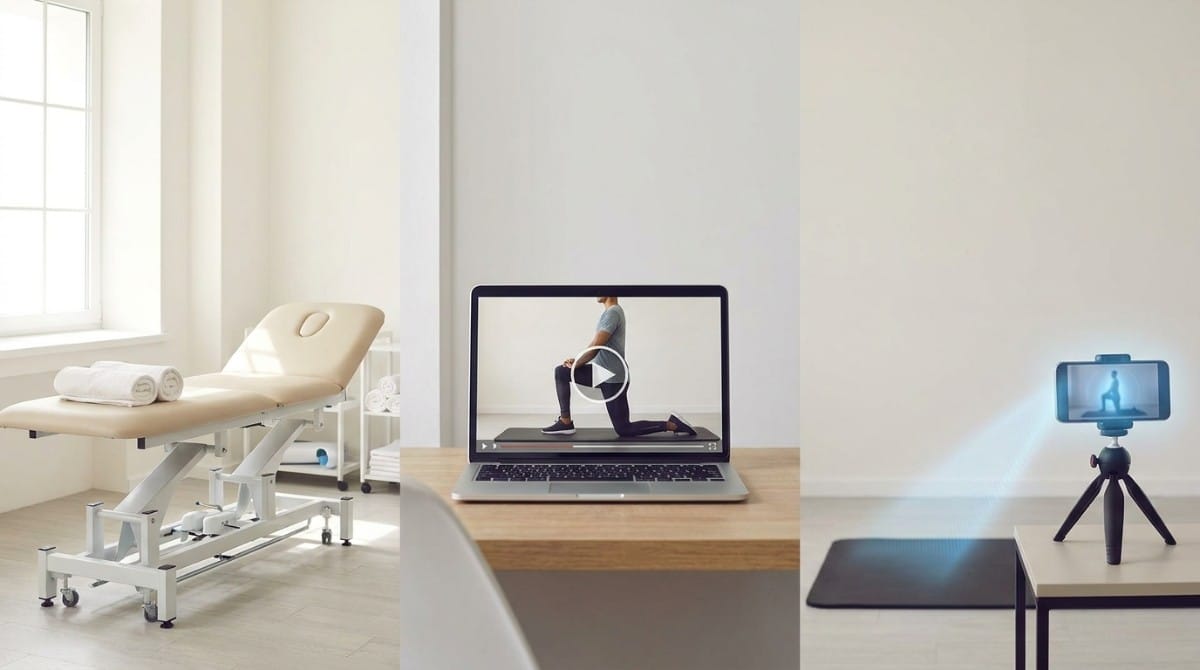 Home exercise setup with laptop workout video and smartphone posture camera