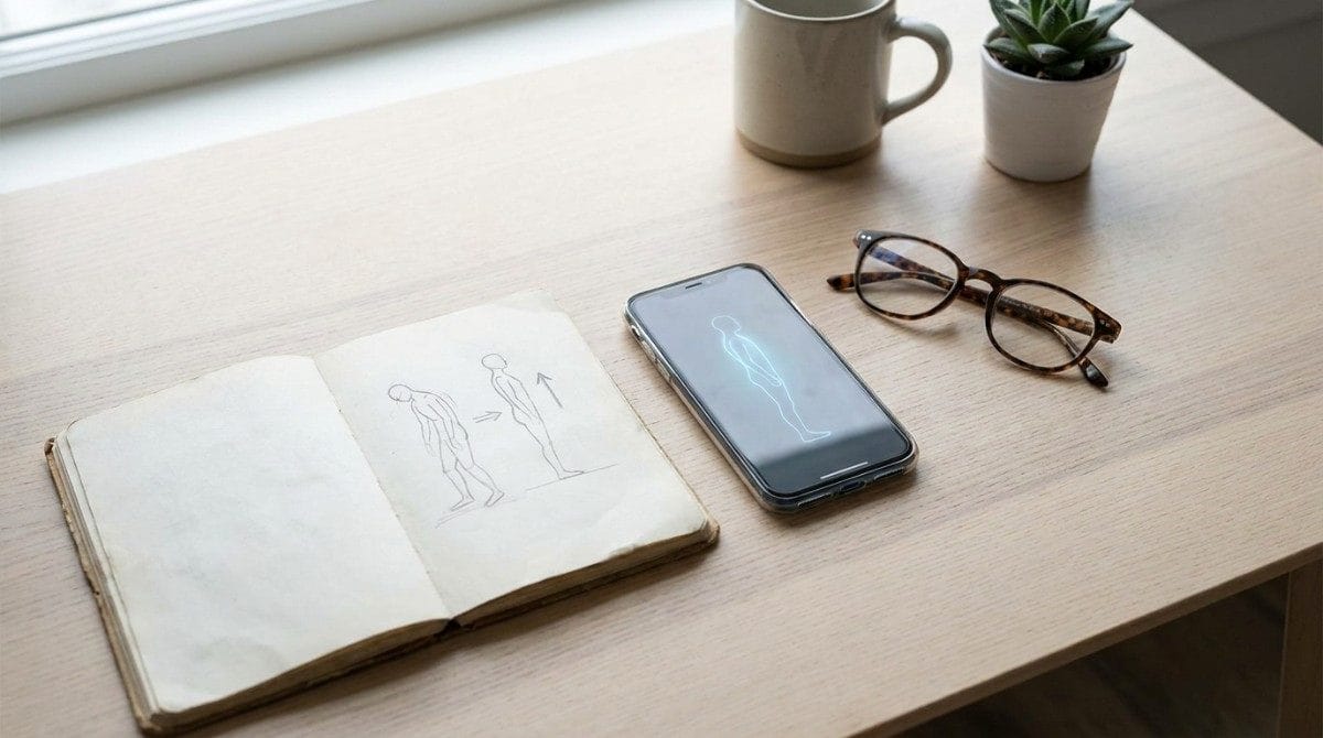 Smartphone displaying a posture assessment beside a notebook and glasses