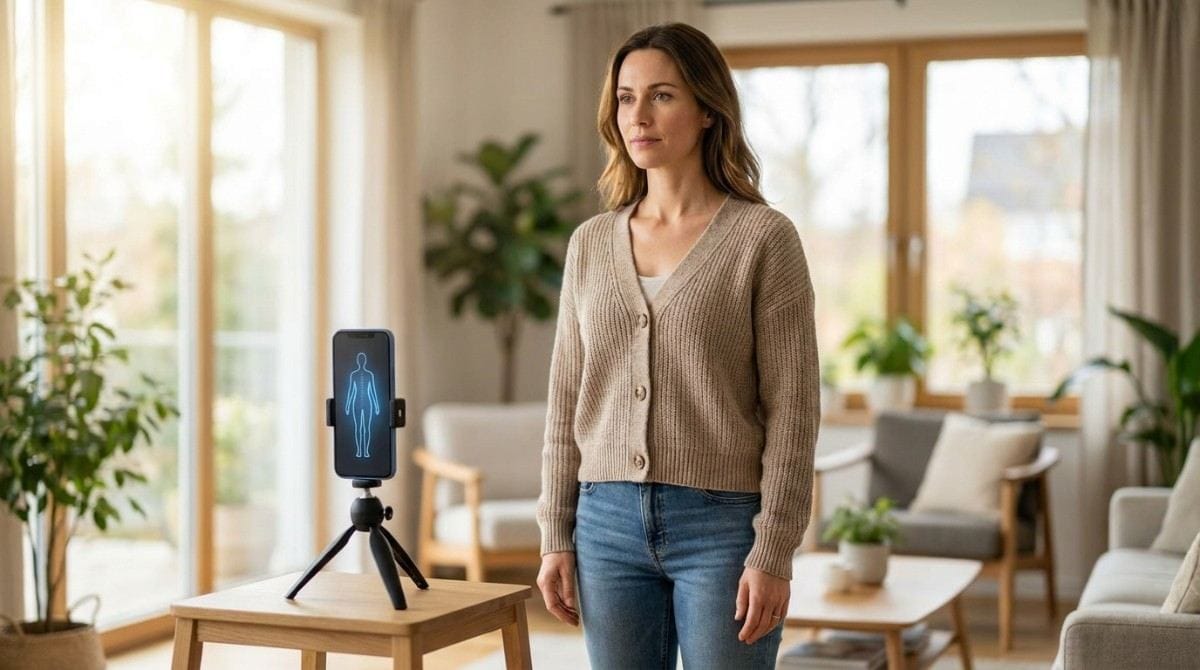 Woman standing in front of a smartphone camera for posture analysis