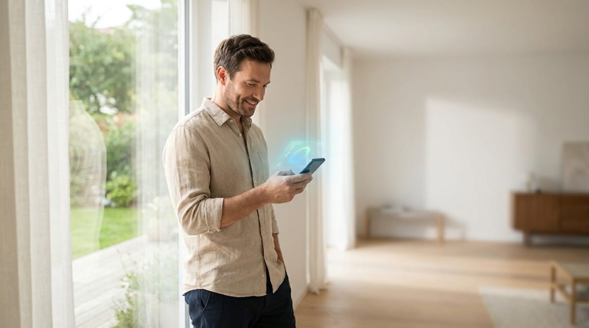 Man viewing posture analysis data on a smartphone at home